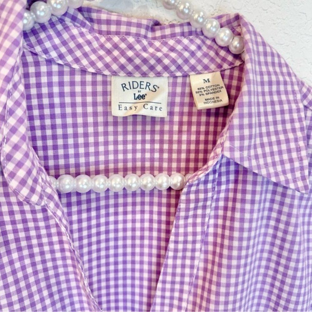 Riders by Lee Purple Lavender Gingham Short Sleeve Button Down Shirt Top Blouse - Picture 2 of 12